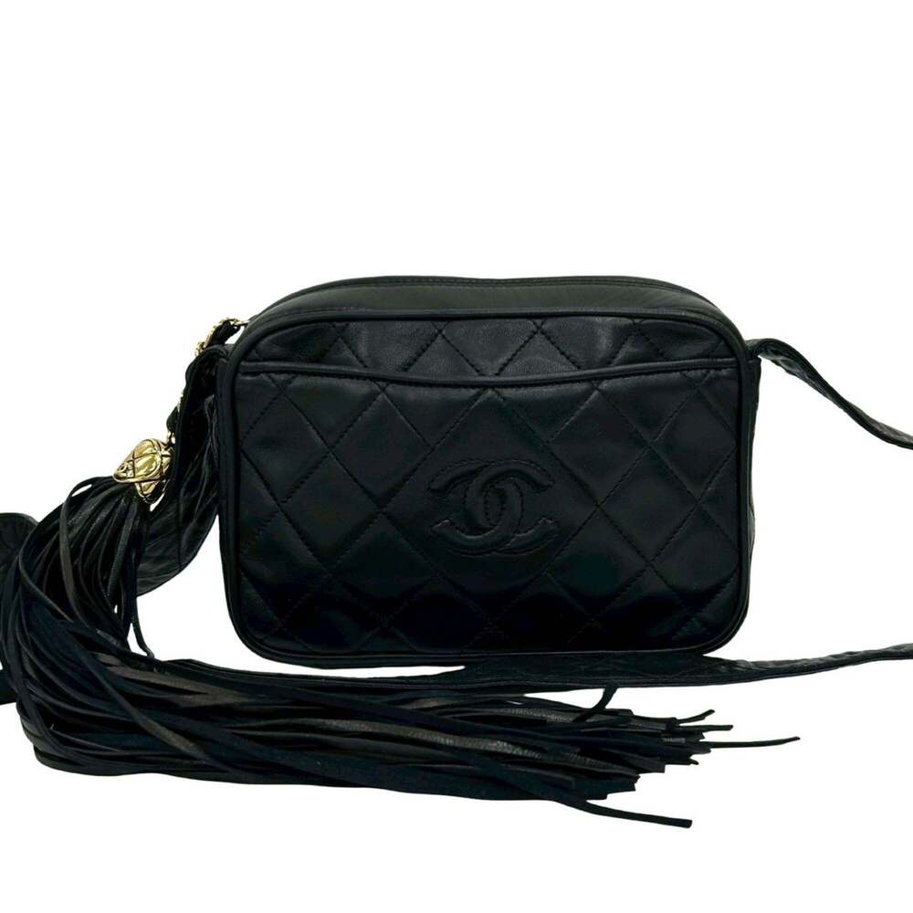 CHANEL Black Lambskin Leather Logo Shoulder Bag
